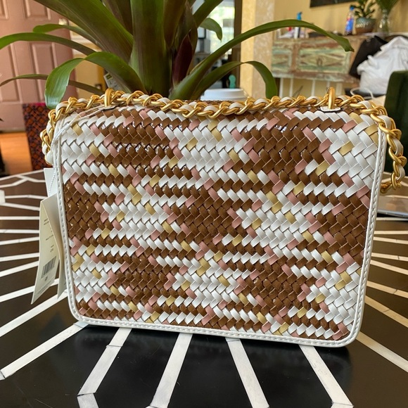 Tory Burch Britten Multicolor Cream & Pink Woven Small Adjustable Shoulder Bag - Picture 11 of 15